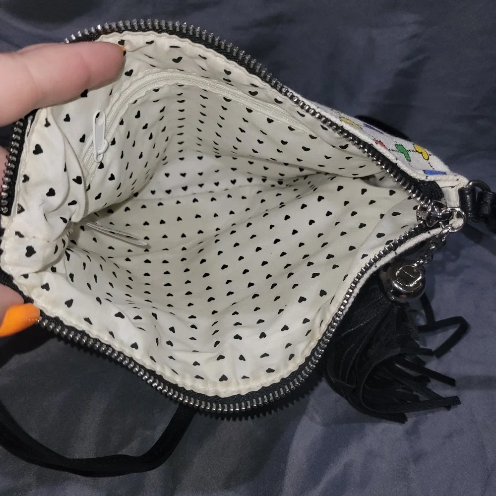 Brighton Crossbody Handbag Love & Joy Pouch Heart Tassels Graphic
